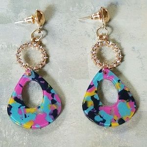 Pink black and blue dangle earrings